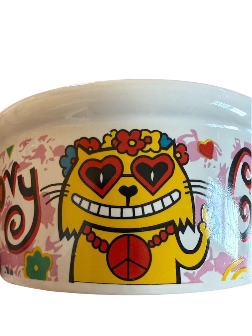 “GROOVY CAT” 3” HIGH, 6” DIAMETER CERAMIC CAT BOWL CARTOON STYLE THEME